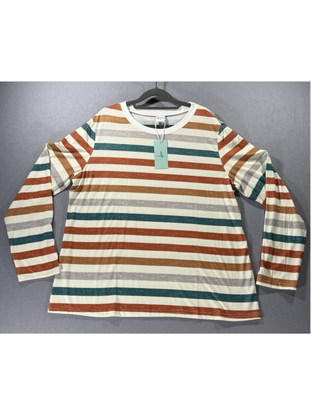 WIHOLL Striped Long Sleeve T-Shirt Women's Size XL Crewneck Rust Teal Gray NWT